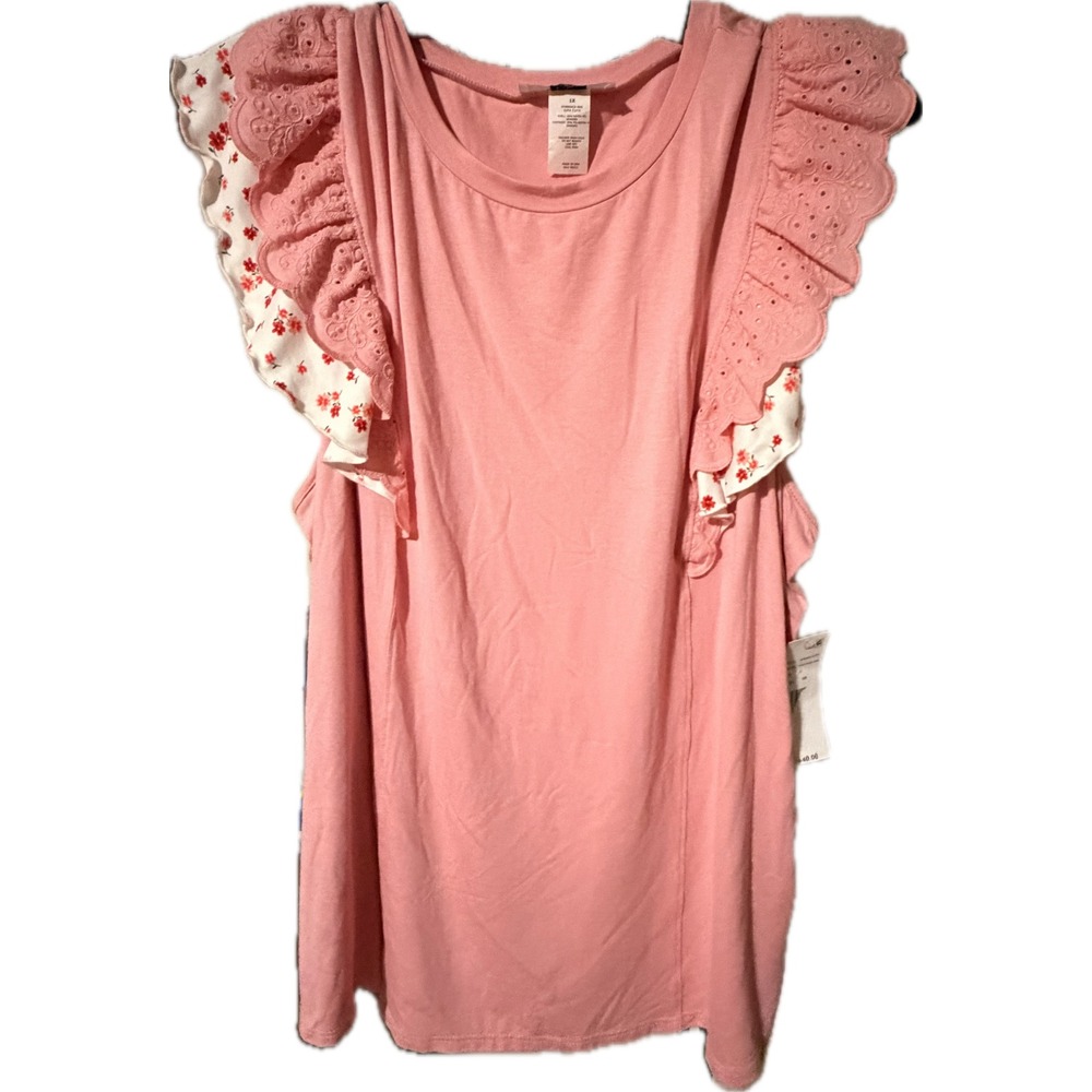 Moa Moa Woman Dusty Pink Flutter Eyelet Sleeve Floral Top 1X MTM804CX-RHS NWT